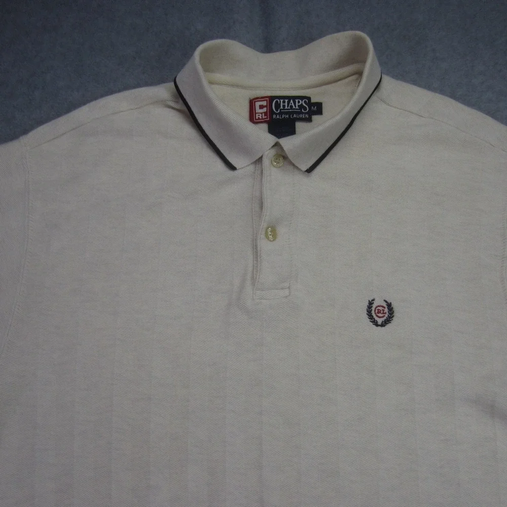 Vtg Chaps Ralph Lauren Polo Shirt Mens Medium Cream Short Sleeve‎ Textured Golf - Picture 2 of 14